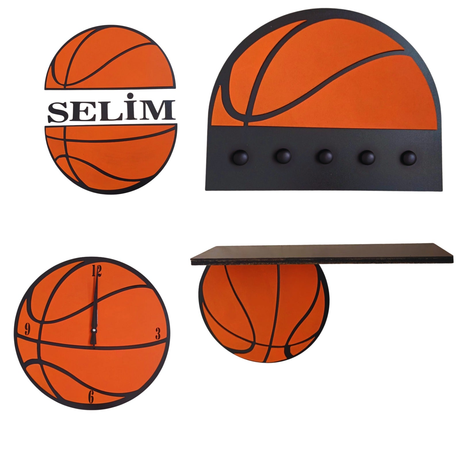 Basketball Kids Room Wall Decor Set | Personalized Name Wall Sign | Basketball Clock, Shelf & Hook | Handmade Nursery Gift | Boys Room Decor