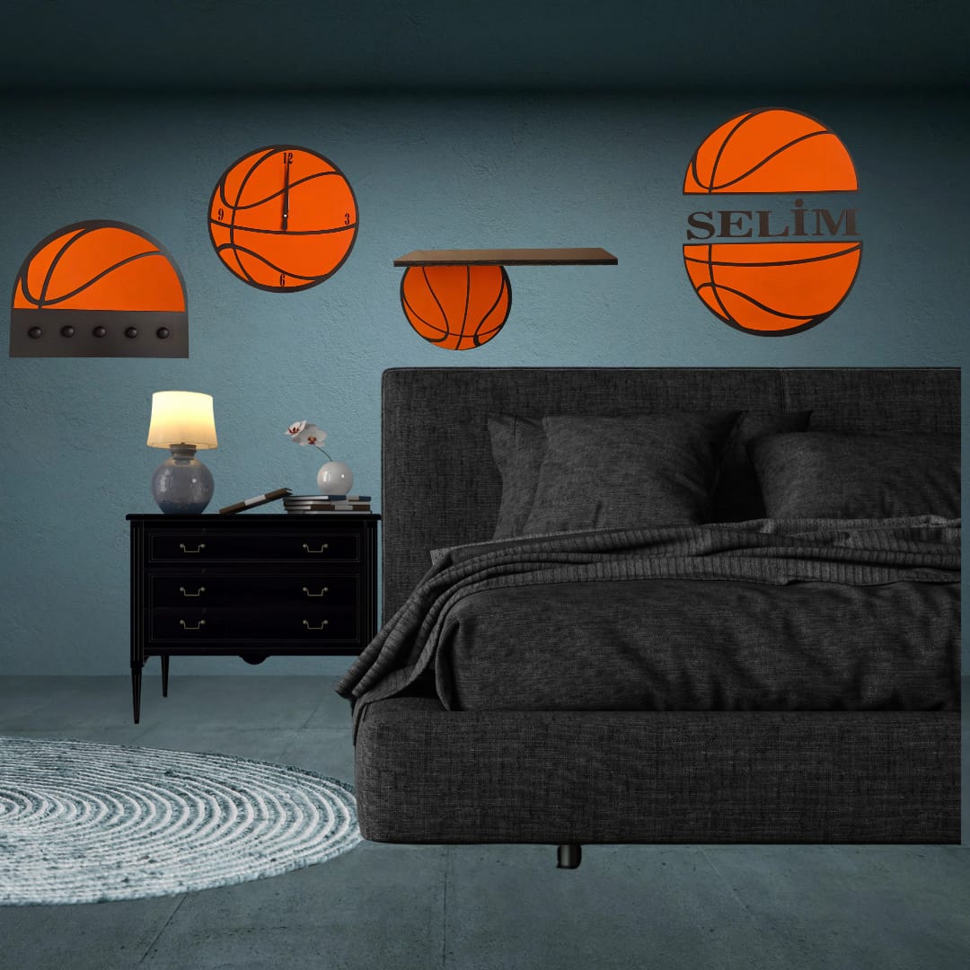 Basketball Kids Room Wall Decor Set | Personalized Name Wall Sign | Basketball Clock, Shelf & Hook | Handmade Nursery Gift | Boys Room Decor