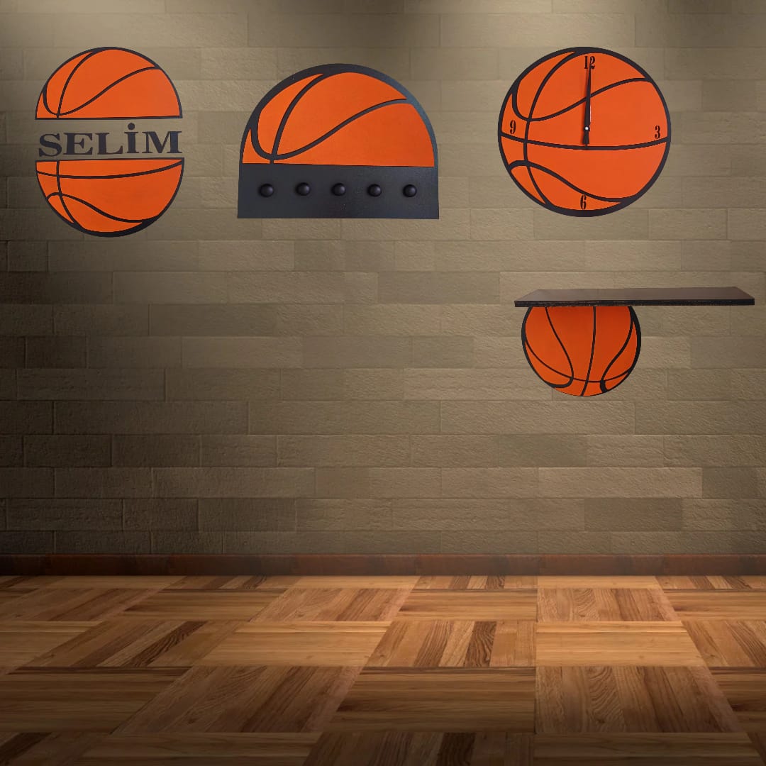 Basketball Kids Room Wall Decor Set | Personalized Name Wall Sign | Basketball Clock, Shelf & Hook | Handmade Nursery Gift | Boys Room Decor