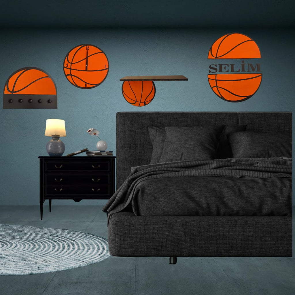Basketball Kids Room Wall Decor Set | Personalized Name Wall Sign | Basketball Clock, Shelf & Hook | Handmade Nursery Gift | Boys Room Decor